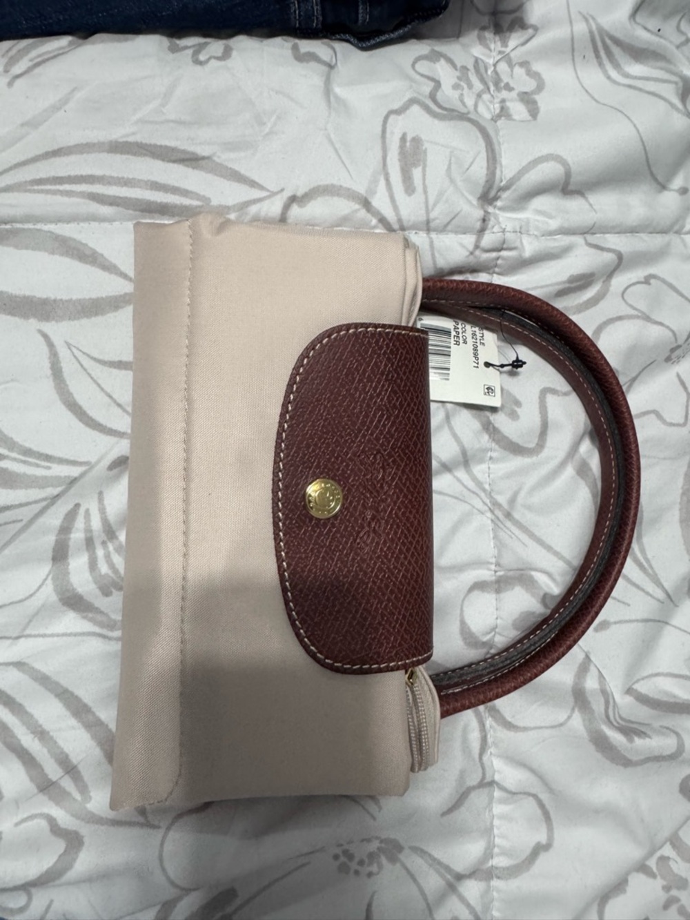 Longchamp Beige Canvas Tote with Brown Leather Trim and Gold Snap